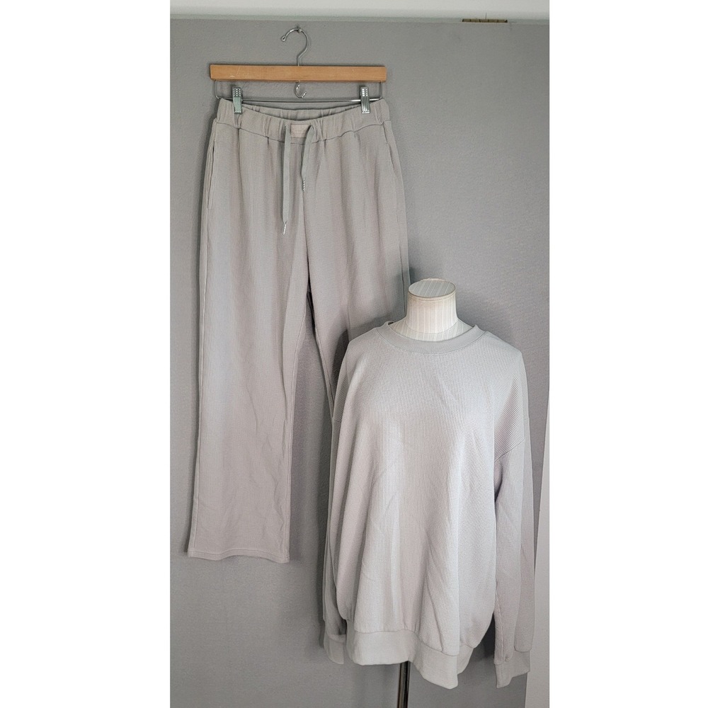 Comfrt Waffle Knit Lounge Set Large Gray 2pc Sweatshirt Pants Women Loungewear